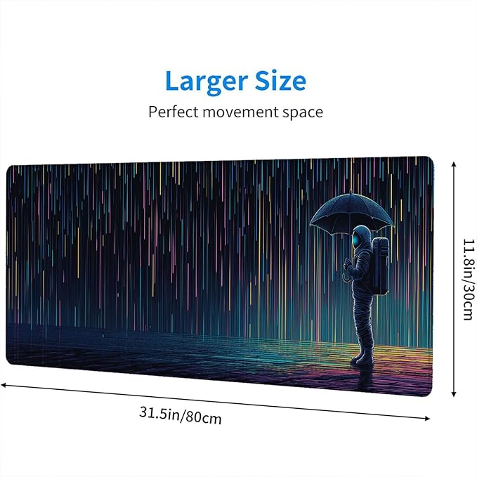 Funny Astronaut Gaming Mouse Pad Vertical Meteor Shower Rain Extended Mousepad Waterproof Stitched Edges Rubber Base Non-Slip Deskmap Computer Keyboard Mat 31.5x11.8 Inch