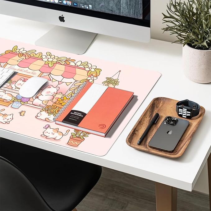 Cute Cat Desk Mat, Kawaii Pink Flower Shop Large Mouse Pad for Desktop, PU Leather Waterproof Desk Pad, Anti-Slip Computer PC Laptop Protector Gaming Mouse Pads for Office Home Decorations