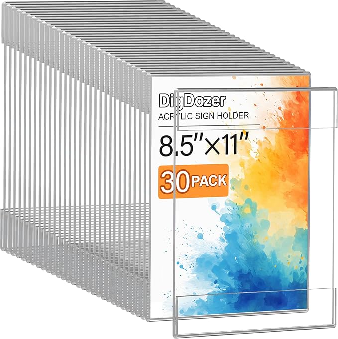 30 Pcs Acrylic Sign Holder 8.5 x 11, Vertical Wall Mount Sign Holders with Adhesive, Clear Plastic Frames Paper Display Sign Holders for Office, Home, Store, Restaurant - No Drilling