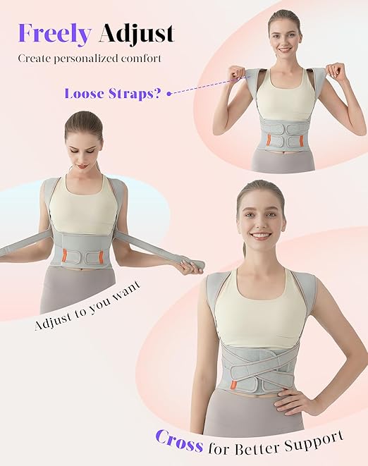 Kepwaa Posture Corrector for Women and Men, 5 Full Back Support Brace Rods, Adjustable Shoulder Straightener, Relief for Upper and Lower Back, Neck, Lumbar, Scoliosis, Hump, Gray, Medium