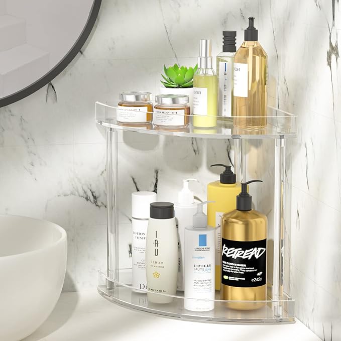 NPPLUS 2 Tier Acrylic Bathroom Counter Organizer, Clear Bathroom Countertop Corner Organizer, 2-Tier Corner Storage Shelf Vanity Trays, Home Storage Holder for Makeup Cosmetics Perfume Organizer