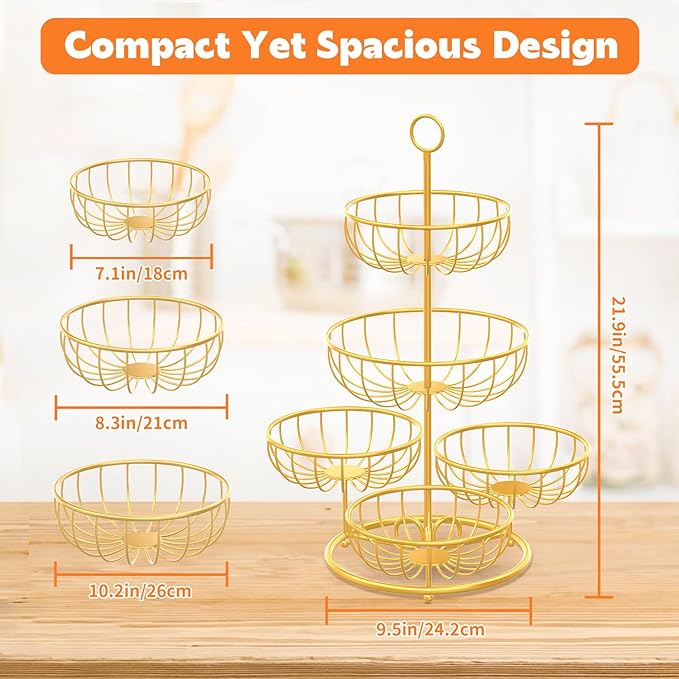 PouHenier.jh 5 Tier Fruit Basket Stand for Counter, Kitchen Tall Tiered Fruit Bowl Organizer for Dining Table Countertop, Multi Level Fresh Produce and Vegetable Holder Rack, Sturdy Metal Wire, Gold