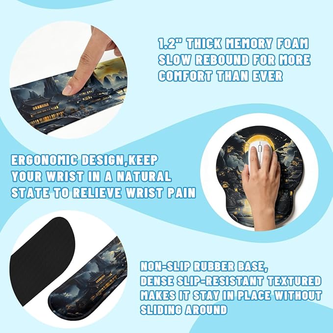 Fantasy Temple Desk Mat Set Golden Moon Asian Night Landscape Large Mouse Pad with Wrist Rest 4in1 Desk Mat for Desktop Ergonomic Computer Desk Arm Wrist Anti-Slip Computer Mouse Pad Office Gaming