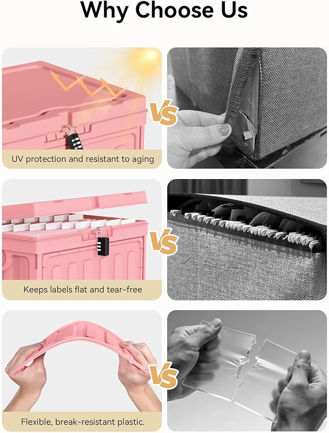 Oterri Plastic File Box with Lid for Letter Size Hanging File Folders, Hanging File Folder Box for Home, Office, School, File Cabinet, Assembly File Organizer, Pink，Large-2 Pack Without Folders