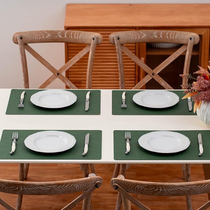 Placemats Set of 4 Reversible Dual-Color Table Placemats, Faux Leather 100% Waterproof Oil-Proof Wipeable Place Mats, Heat Resistant Dual Sided Table Mats for Kitchen/Dining/Party (Green&Gray