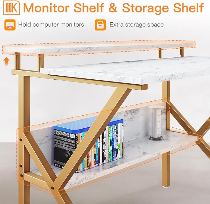 ODK Small Desk, 27.5 Inch Computer Desk for Small Spaces, Study Desk with Storage & Monitor Stand, White Marble + Gold Leg