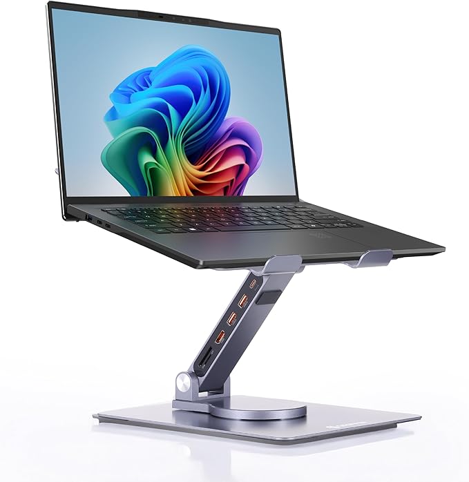 Griffin Rotator Laptop Stand with 6-in-1 USB HUB, 360° Rotating Computer Stand, USB C Docking Station & Multiport Adapter for Desk Setup