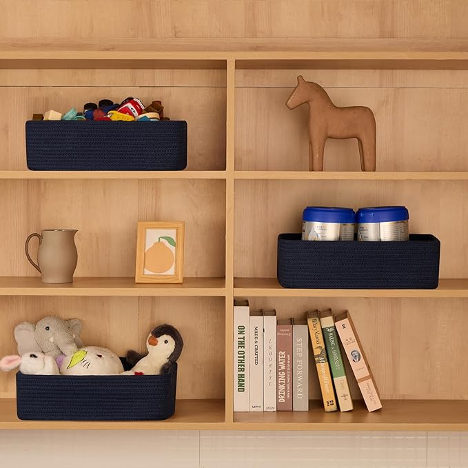 MiniArk Large Shallow Organizing Baskets 15x11x5.1 Inches - Rope Woven Storage Bins for Bathroom, Shelves, Cube Closet, Navy Blue 4 Packs