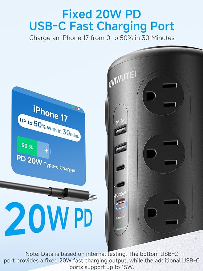 Tower Power Strip Surge Protector with Wireless Charging & Night Light - PD20W Fast Charging Station,12 Outlets, 5 USB (3 USB-C),1800J Protection, 6FT Extension Cord, Home Office Essentials (Black)