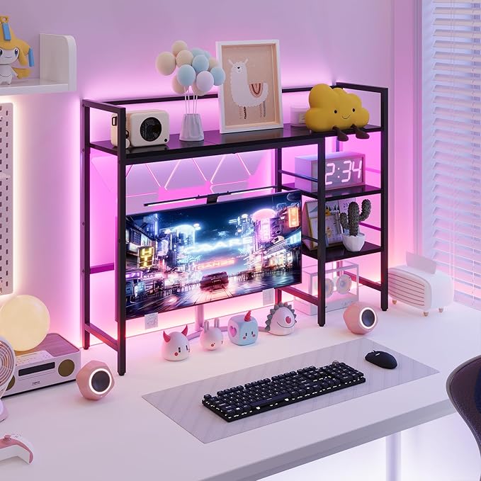 HavenlyYouth Desk Shelf with LED Light Strip, 3-Tier Storage Desktop Organizer Shelf, 38.6" Wood Desktop Bookshelf for Computer Monitor, Desk Hutch for Home Office Dorm, Black