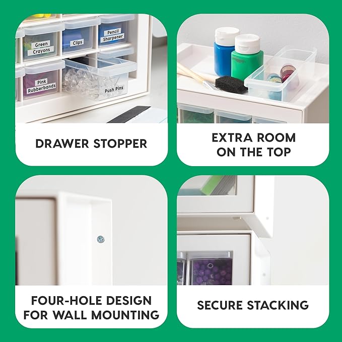 IRIS USA 16-Drawer Small Drawer Organizer, Made in USA, Stackable Teacher Toolbox for Crafts, Art Supplies, Nuts, Bolts, Building Bricks, Drink Mix & Water Flavor Packets, Make Up Storage,White