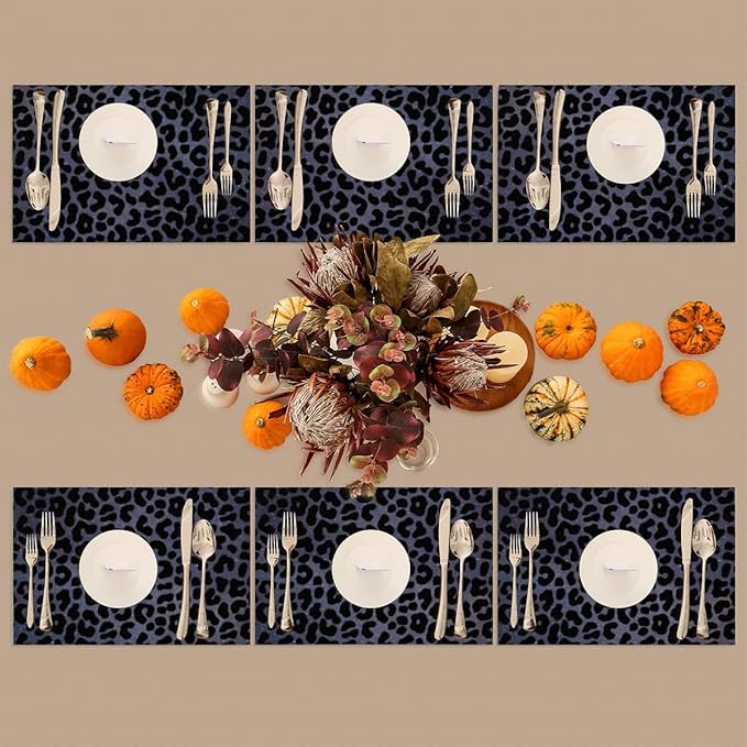 Placemats Set of 4 Heat-Resistant Rectangle Place Mats Black Leopard Cheetah Washable Plastic PVC Dining Table Mat Non-Slip Wipeable Woven Vinyl Placemat for Kitchen Patio Table Decor