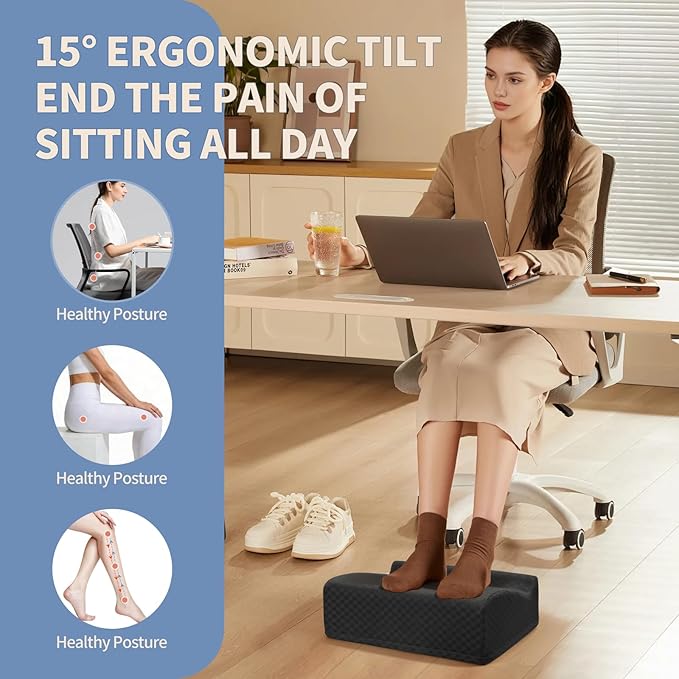Ergonomic Foot Rest for Under Desk at Work – 15° Tilt Angle Under Desk Footrest with High-Resilience Foam, Velvet Top & Non-Slip Base, Comfortable Foot Stool for Office Chair and Home, Black