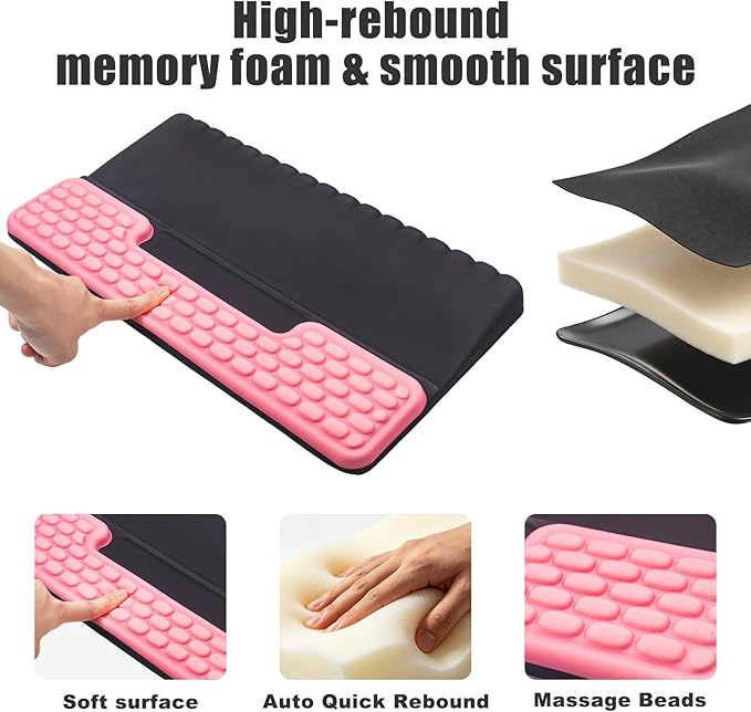 Keyboard Stand with Wrist Rest，Ergonomic Wrist Pad Memory Foam Keyboard Riser Holder Tray with Non-Slip Base, Pain Relief for Work Study Game (Black and Pink)