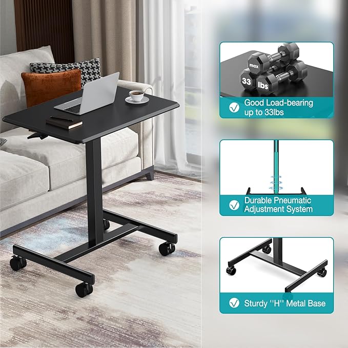 DUMOS Small Rolling Desk Mobile Standing Portable Laptop PC Table with Wheels, Adjustable Height Computer Workstation for Bedroom Study Use, Space Saving Home Office Desk, Modern Black