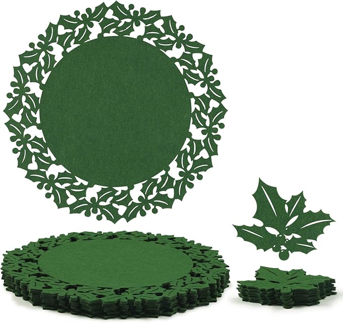 Noctiflorous Round Felt Placemats with Coasters Set of 6 Diameter 13 inch Non Slip Place Mats Heat Resistant Durable Tablemats Fall Table Decorations for Dining Table(Christmas Green, 6)