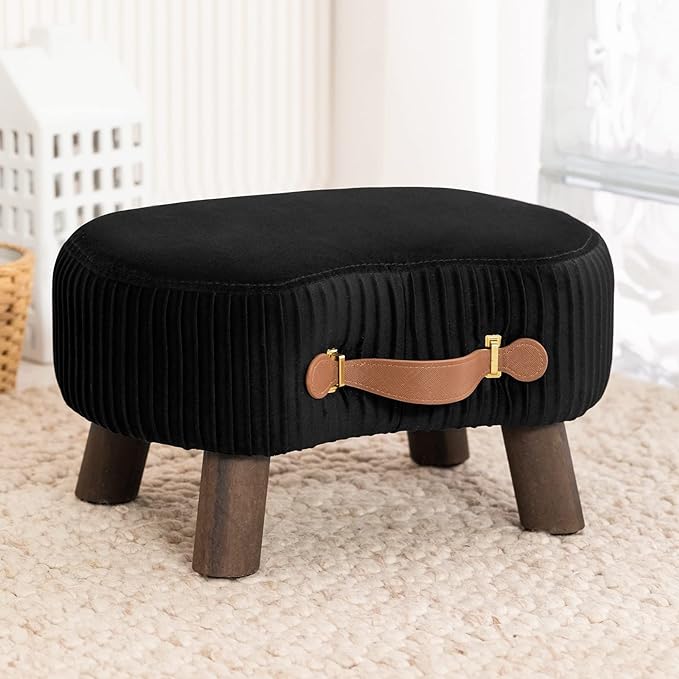 LUE BONA Small Curved Foot Stool with Handle, Black Velvet Footstool and Ottomans, Modern Foot Rest with Wooden Legs, Step Stool with Padded Seat for Couch, Living Room