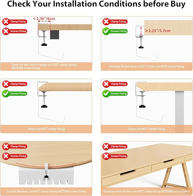 Syeeiex Cable Management with No-Drill C-Clamp & Screw Mount, 17'' Metal Under Desk Cord Organizer, Under Desk Cable Management Tray for Office/Home workspace (White, Set of 2)