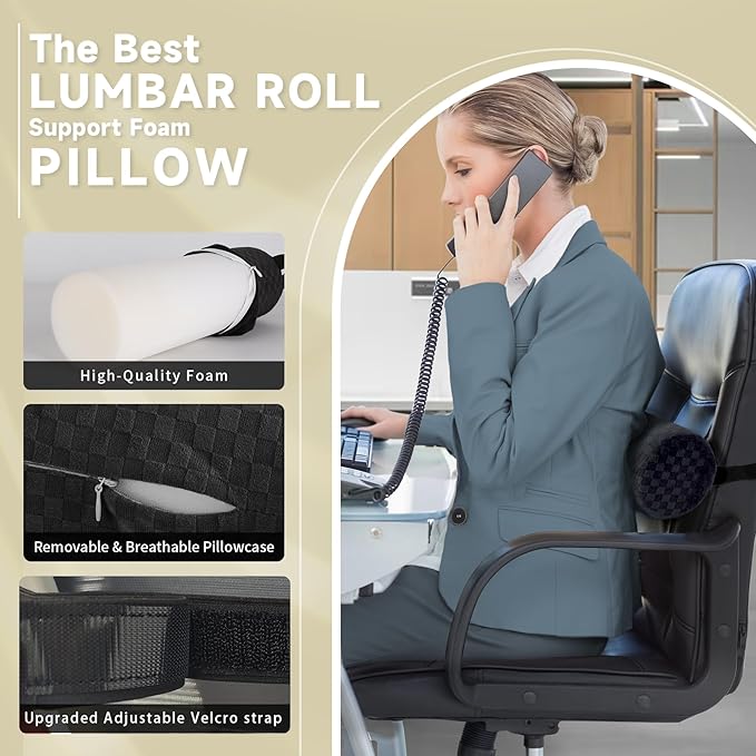 Lumbar Roll Pillow for Lower Back, Lumbar Support Foam Roll Cushion with Pillowcase and Upgraded Strap for Office, Chair, Car, Seat Pain Relief & Improving Posture (Black, Long-15 * 4.3'')