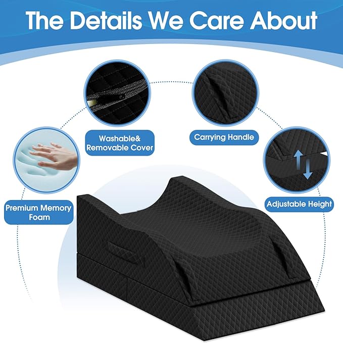 TranquilRelax Elevation Pillows for Leg After Surgery, Memory Foam Adjustable Wedge Pillow for Injury or Rest, Ankle Pillow for Sleeping Blood Circulation, Full Black/Double Leg