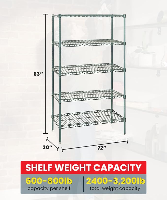 Quantum Storage Systems WR63-3072P-5 Starter Kit Wire Shelves Green Epoxy 5 Shelves 63" H x 72" W x 30" D