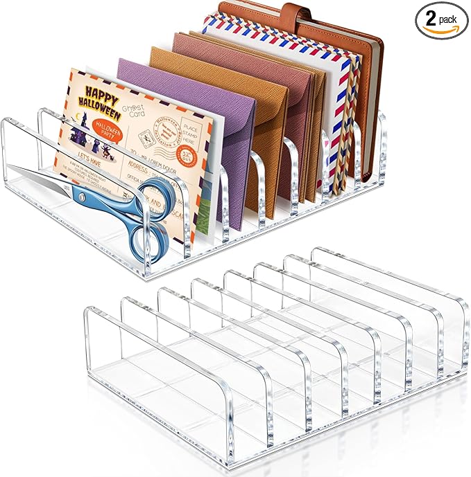 Vowcarol 2 Packs Acrylic Mail Organizer 7 Slots Cash Tray for Desk - 7 Slots File Organizer Clear Desktop Bill Divider Holder, Envelope Holder, Transparent Countertop Mail Holder
