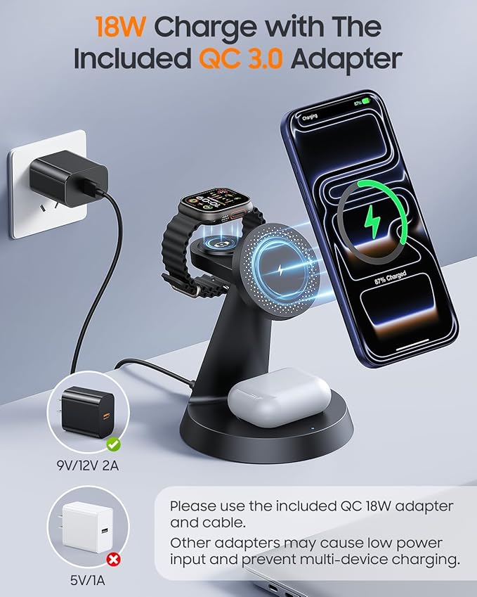 Meifigno 3 in 1 Magnetic Charging Station for Apple Devices, 15W Fast Wireless Charger Compatible with MagSafe Charging Stand for iPhone 17-12 Series, Watch Charger Stand for Apple Watch & Earbuds
