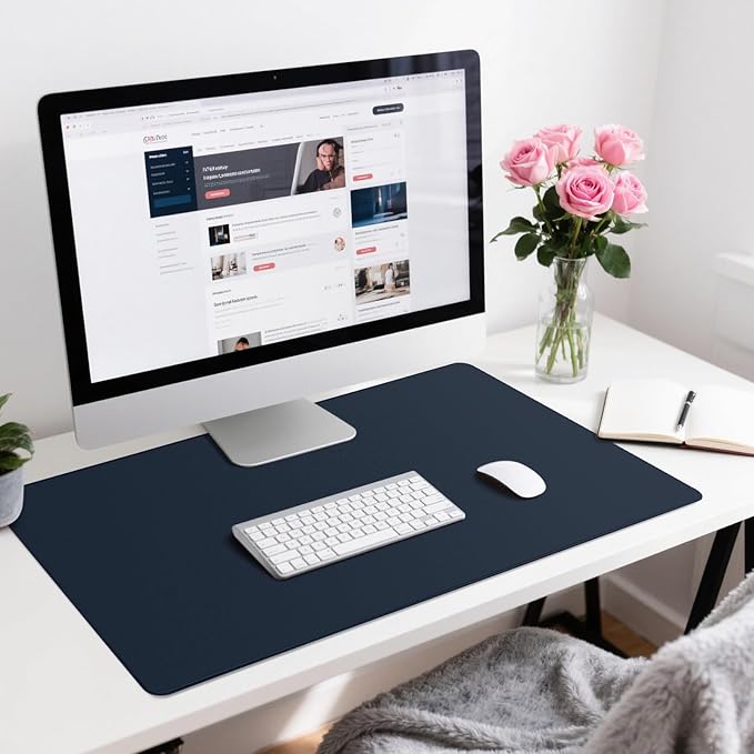Leather Desk Pad Protector, Office Desk Mat, Large Mouse Pad, Non-Slip PU Leather Desk Blotter, Waterproof Computer Desk Writing Pad for Office and Home (Dark Blue, 36" x 17")