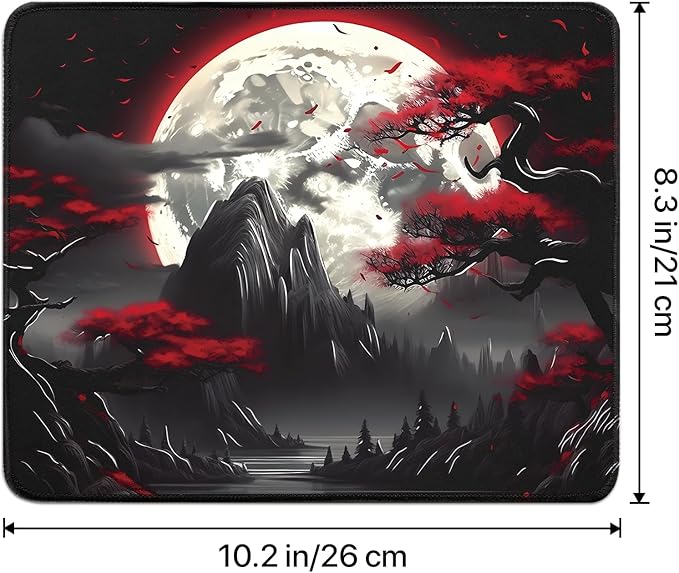 FreeNook Small Gaming Mouse Pad, Anime Black Mousepad with with Non-Slip Base, Expanded Cool Desk Mat, Mountain Moon Scenery Keyboard Mat Suitable for Home Office,10.2 X 8.3 Inch