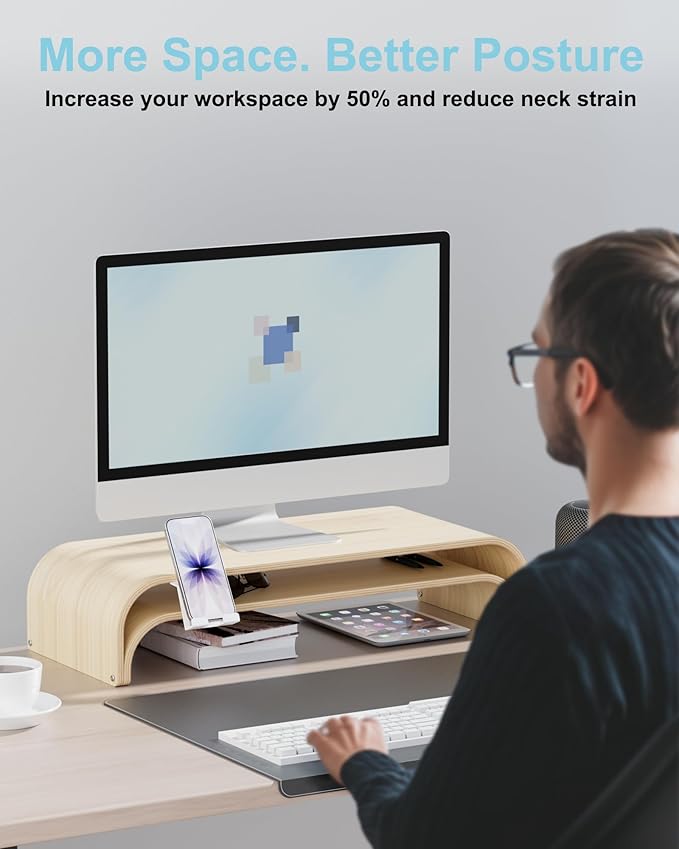 Wood Dual Monitor Stand Riser, 2-Tier Computer Monitor Riser with Phone Holder, Desktop Organizer Shelf for 2 Monitors, Laptop & Printer, No Assembly, Max Load 110lbs, One-Piece Curved Design