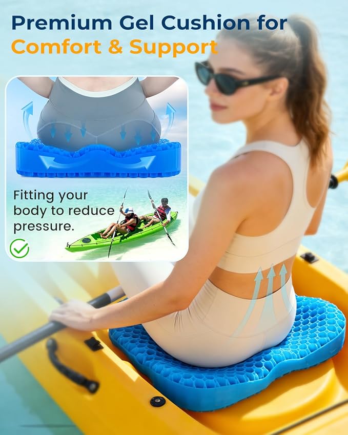 Premium Gel Kayak Seat Cushion, Thickened Non-Slip Waterproof Seat Pad, Breathable Universal Fit for Canoe Fishing Boat, Portable Washable Kayak Accessories, with Safety Travel Flag - Blue