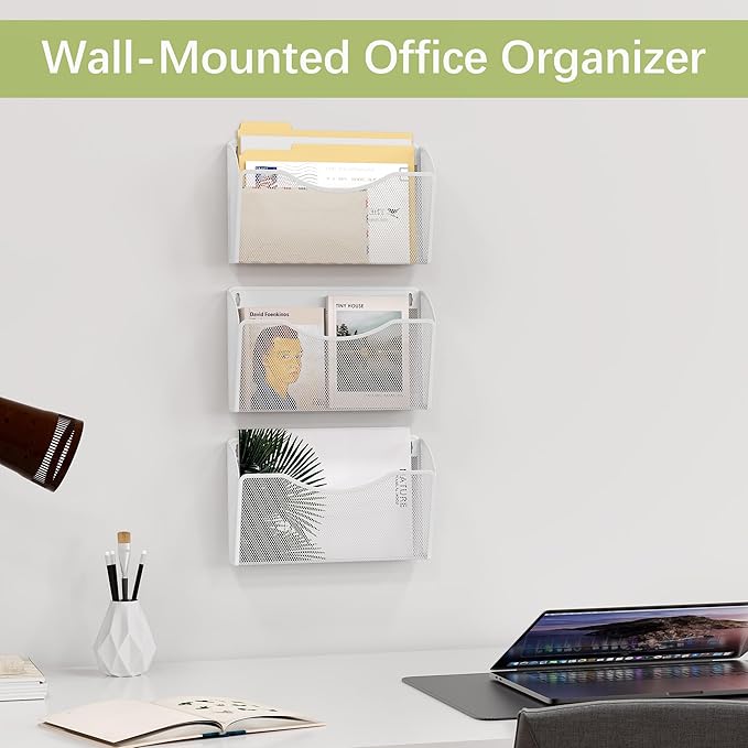 EasyPAG 3 Pack Wall File Organizer, Metal Mesh Hanging File Folder Holder for Letter/A4 Size Folders, Vertical Wall Mount Mail Sorter for Office Paperwork, Classroom, White