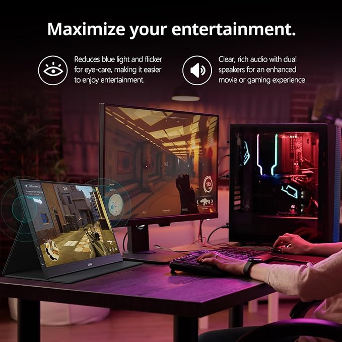 MNN Portable Monitor 15.6inch FHD 1080P 60Hz USB C HDMI Gaming Ultra-Slim IPS Display w/Smart Cover & Speakers,HDR Plug&Play, External Monitor for Laptop PC Phone Mac (15.6'' 1080P)