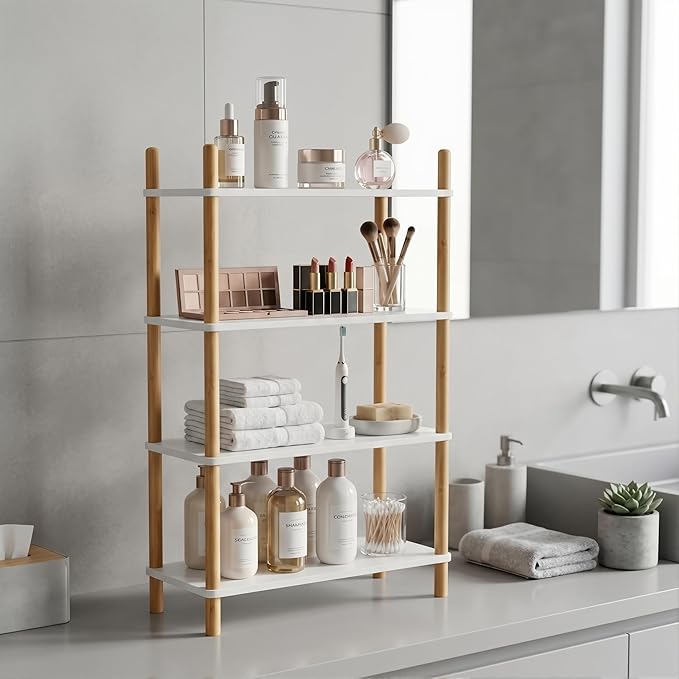 4-Tier Expandable Bamboo Desktop Organizer Shelf Kitchen Cabinet and Counter Riser Display Shelf for Top of Desk Home Office Bathroom Coffee Table Display Stand,White