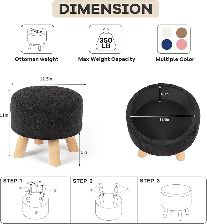 OGEMXU Ottoman Foot Rest, Small Round Ottoman with Storage, Boucle Teddy Velvet Footstool with Wood Legs, Soft Sponge Storage Ottoman for Living Room, Bedroom, Couch, Enterway (Black)