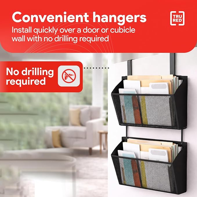 Staples TRU RED Mesh Letter Wall File, 1 - Pocket Hanging Organizer, Black, 2-Pack - Wall - Mounted Office, Door and Cubicle File Holder