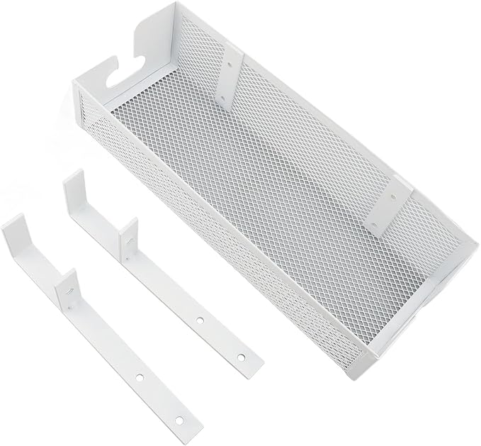 Under Desk Cable Management Tray | Mesh Clamp Mount Eliminates Tripping Hazards | No Drill Cord Organizer for Office/Home/Desk | Carbon Steel, White