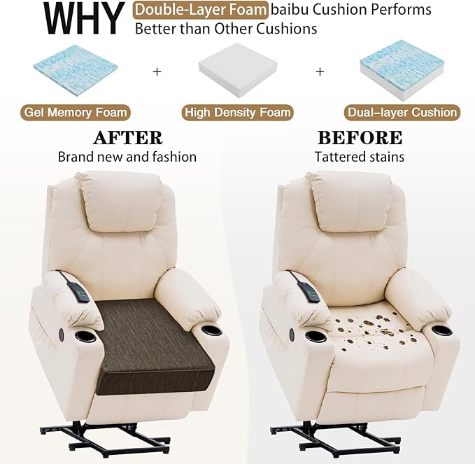 baibu Extra Large Dual-Layer Gel Memory Foam Recliner Cushions for Elderly, 20x20x5 Inch Thick Non-Slip Recliner Seat Cushion Suitable for Couch for Easy to Stand Up & Reduce Hip Pain, Dark Brown