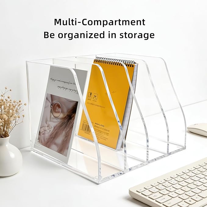 Acrylic Magazine File Holder, 4 Vertical Compartments Desk Document Sorter Organizer, Clear Folder Rack Binder for Office, Tablets, Magazines, Books – Home/Classroom Rack, 5mm Thick