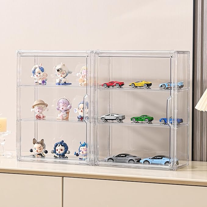 3 Tier Clear Display Case for Figures, Wall-Mounted Acrylic Storage Organizer Box, Stackable Display Cabinet with Magnetic Door & Removable Shelves, Showcase for Collectibles, Figures