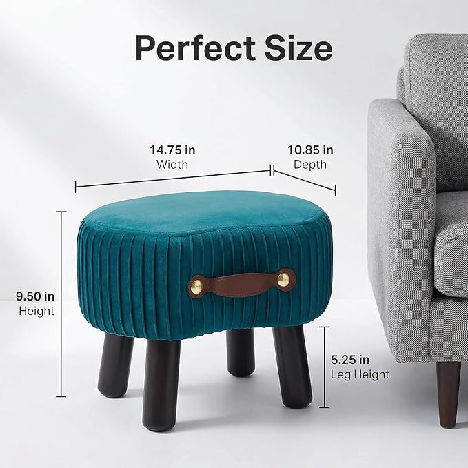 Small Footstool with Handle, Velvet Ottoman Foot Rest with Padded Seat, Curved Foot Stool with Wooden Legs, Portable Foot Rest for Living Room, Bedroom, Entryway, Peacock Blue