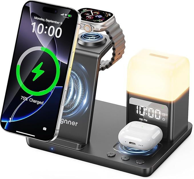 6 in 1 Wireless Charging Station with Clock & Night Light，Alarm Clocks for Bedrooms,Wireless Charger Stand with Beside Clock for iPhone 17/16/15/14/13/12 Pro Max, Apple Watch,Airpods (Black)