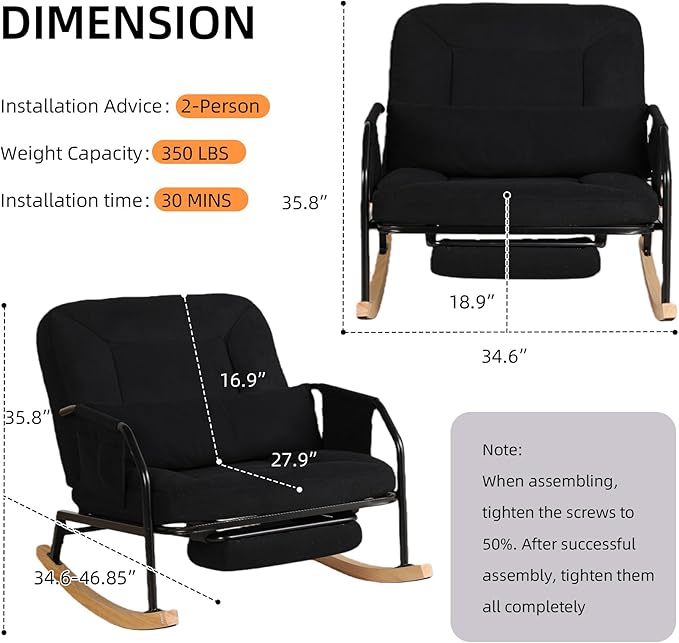 Oversized Reclining Rocking Chair with Foot Rest, 110°–160° Adjustable Backrest, Upholstered Armchair with Side Pocket for Nursery and Living Room, Black