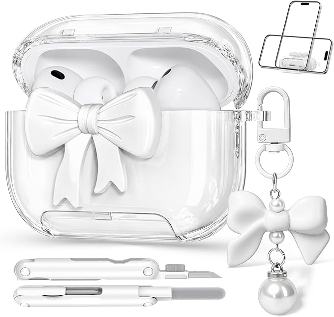 for AirPods Pro 3 Case 2025 with Safety Lock & Phone Stand, Cute Clear Pink 3D Bow Cover with Keychain & Cleaning Kit, Auto-Open TPU Protective Shell for AirPods Pro 3rd Generation Women Girls (White)