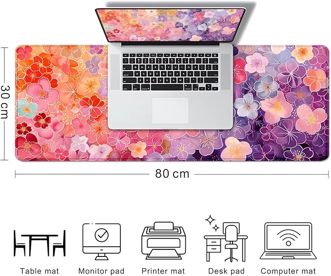 Colorful Flower Large Mouse Pad for Laptop, Pink Purple Red and Gold Pattern Desk Mats for Desktop, Watercolor Beautiful Floral Computer Desk Pad, Non-Slip Rubber Base Desktop Mat, 31.5 x 11.8 inches