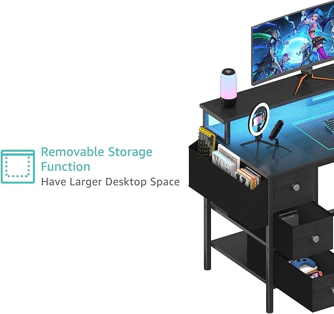 Lufeiya Gaming Desk with LED Lights and Power Outlets, 47 inch Computer Desk with Fabric Drawers & Storage Shelves, Home Office Desk with Monitor Stand, Black