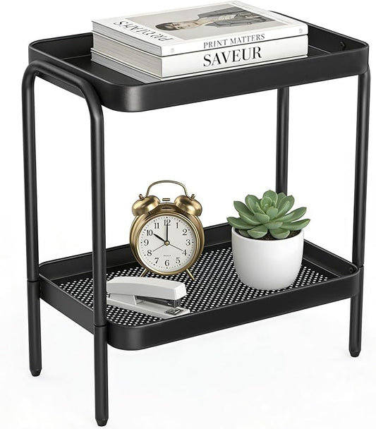 2 in 1 Desktop & Floor End Table with Storage Shelves, Compact 2-Tier Side Table for Office Desk Organization, Bedside Nightstand, Small Space Nightstand for Living Room, Bedroom, Office