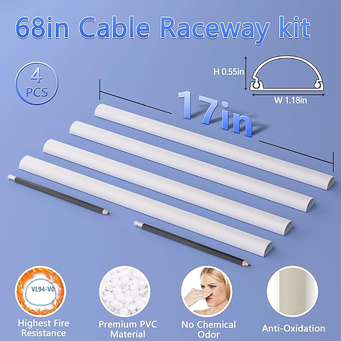 ZhiYo 68in D Cord Hider for Wall Mount TV, Self-Adhesive Cable Hider Kit, PVC Cord Covers for Wires on Wall, White Cable Raceway, Paintable Wire Hiders, 4 x 17 (L) - 1.2" (W) x 0.55" (H)
