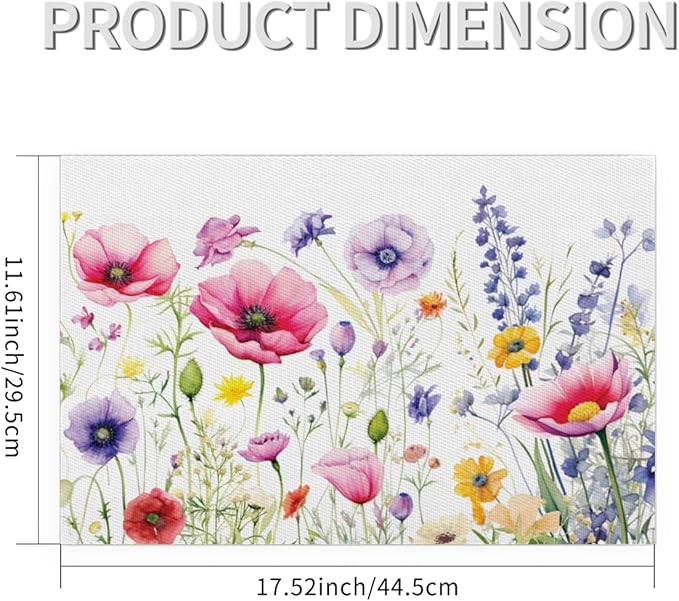 Placemats Set of 4 Heat-Resistant Rectangle Place Mats Floral Flower Grass Washable Plastic PVC Dining Table Mat Non-Slip Wipeable Woven Vinyl Placemat for Kitchen Patio Table Decor