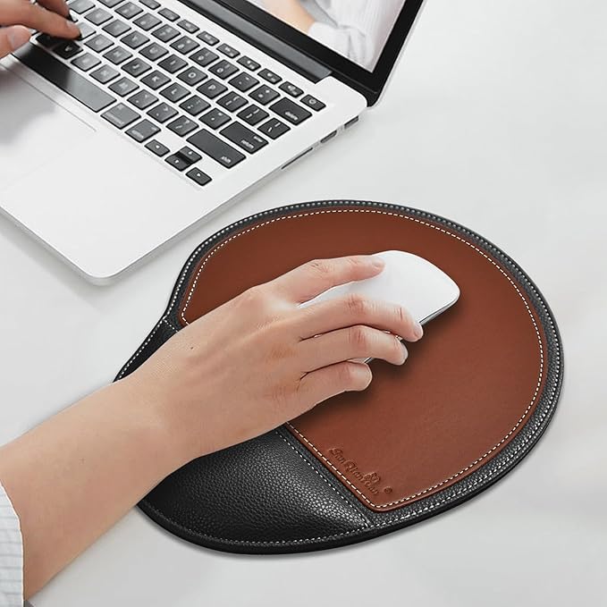 Brown Office Square Leather Mouse Pad with Wrist Rest Non-Slip Design, Business Style Gaming PU Mousepad for Learners, Workers &Computer Users.